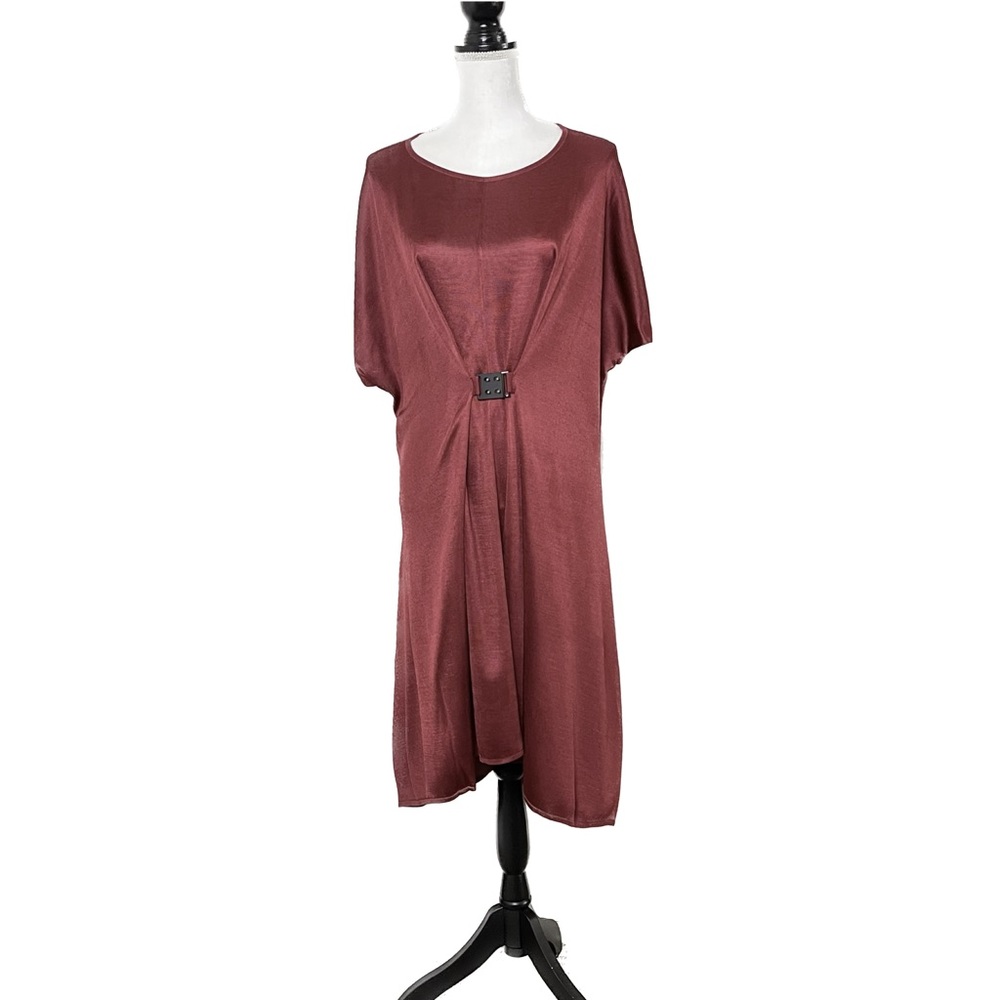 Misook Collection Knit Buckle Midi Dress L Deep Red Short Sleeve Scoop Neck